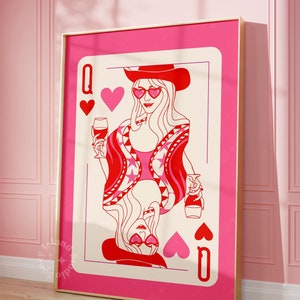 Reine de coeur cow-girl rose champagne maximaliste Decor art mural preppy dortoir impression cow-girl poker carte reine rose déco preppy rose sans cadre