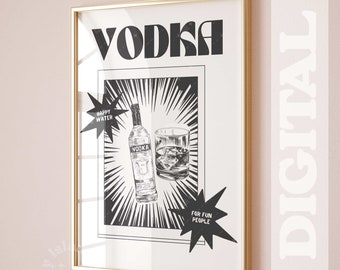 Wodka zwart witte print, Retro wodka poster, wodka trendy muurkunst, alcohol digitale print, slaapzaal decor, digitale download