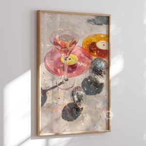 Martini wall art, Disco ball poster, Bar cart prints, Light pink wall art, Disco poster, Bar cart decor, Cocktail Oil Painting art, UNFRAMED