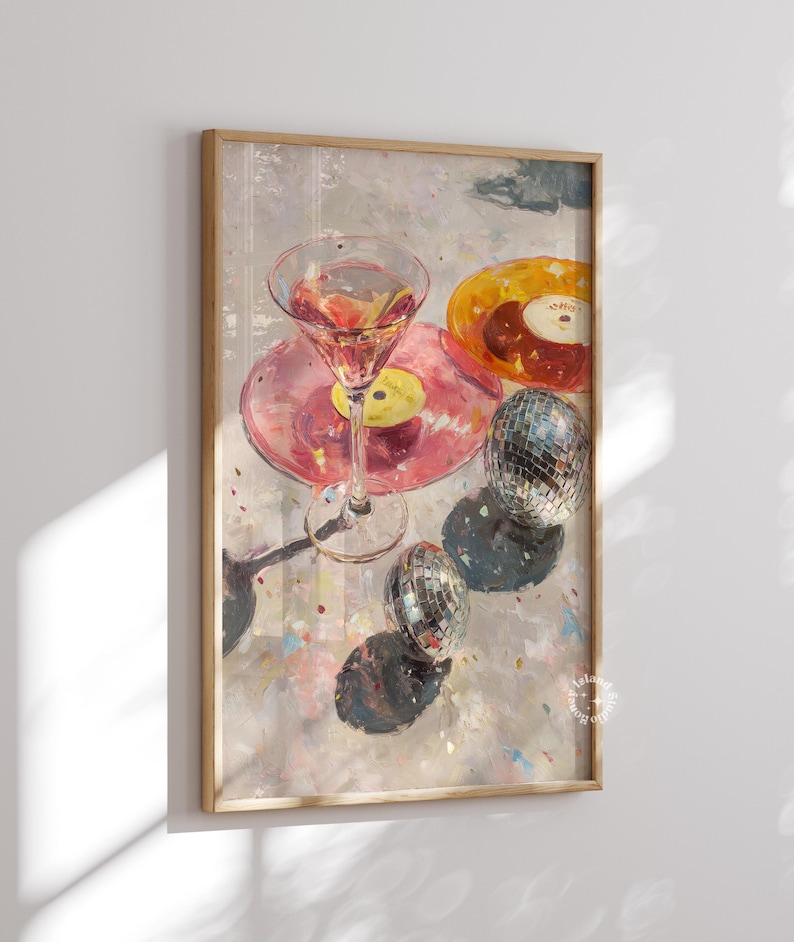 Martini wall art, Disco ball poster, Bar cart prints, Light pink wall art, Disco poster, Bar cart decor, Cocktail Oil Painting art, UNFRAMED