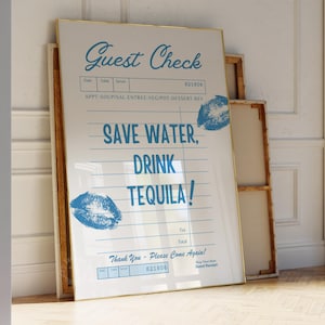 Trendy Guest Check, Save Water Drink tequila Print, Blue Bar cart, dorm room decor, retro wall art, DIGITAL DOWNLOAD