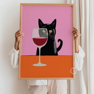 Wine Cat Wall Art, Wine Cat Art Print, Black Cat Wine Table, felne Wine Cat wall art, Pink orange, bar Cart Kitchen Wall Decor, UNFRAMED