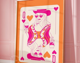 Roze cowgirl hartenkoningin kunstprint, retro pokerdecor (INGElijst)
