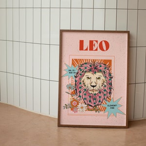 Leo Poster, Leo Zodiac Star Sign Print, Retro Wall Decor, Digital Download Print, Large Printable Art, Leo Downloadable Prints