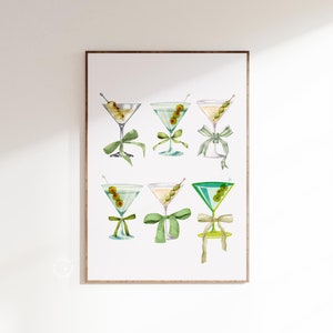 Martini wall art, Martini Cocktails print, Coquette Bar cart decor, Dirty Martini cocktail glasses, Dry martinis, Bar cart trendy, UNFRAMED