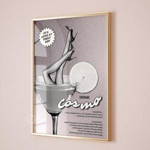 Cosmopolitan Cocktail Print, Cosmo Cocktail Drink Art, Bar Cart Prints, Wall Decor, Retro Bar Posters, Black Prints