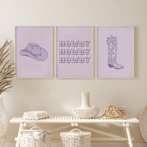Cowgirl Lavender Set of 3 Prints, Lilac Western Printable Art, Cowboy Boots Boho Wall decor, Boho illustration, Nash