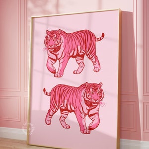 Impression tigre rose, décoration de dortoir rose preppy, impression murale tendance, impressions murales rétro, impression murale tigre maximaliste, affiche tigre rose, sans cadre