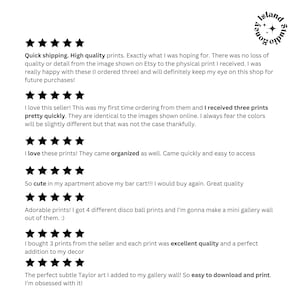 May include: Five-star reviews for high-quality prints. The reviews highlight the quick shipping, organised packaging, and accurate representation of the prints compared to the online images. The prints are described as cute, adorable, and excellent quality. The reviews mention using the prints for home decor and gallery walls.