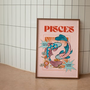 Plakat Ryby, wydruk zodiakalny Ryby, dekoracja ścienna retro, wydruk cyfrowy do pobrania, duża sztuka do druku, wydruki do pobrania Ryby