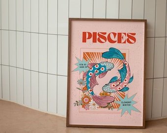 Pisces Poster, Zodiac Pisces  Print, Retro Wall Decor, Digital Download Print, Large Printable Art, Pisces Downloadable Prints