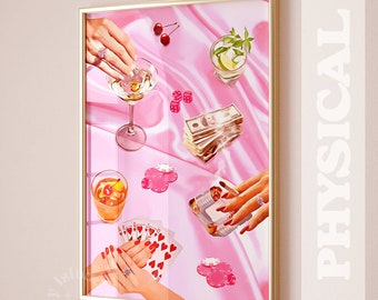 Pink Poker Night Print, Cards and Cocktails, Retro Cheers Poster