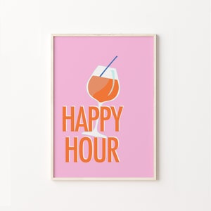 Happy Hour Print, Bar Cart Print, Pink Orange, Retro Bar Cart Decor, Happy Hour Poster, Boho Bar Cart Print, Bar decor,