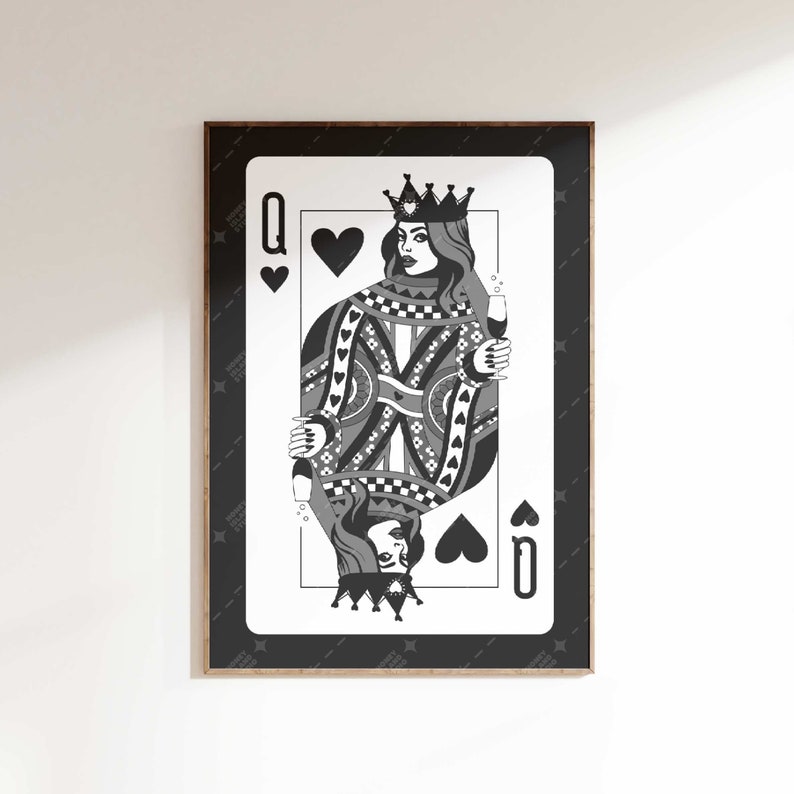 May include: Black and white Queen of Hearts playing card art print. The illustration features a queen holding a champagne glass, with a crown and intricate details. The card is framed in a black border.