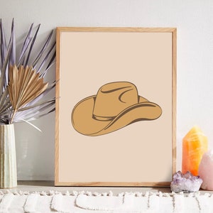Cowboy Hat, Yellow Mustard Prints, Mustard Western Wall Art, Cowboy Boho decor, Trendy Boho illustration, Bohemian prints
