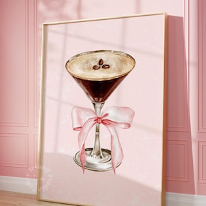 Póster de Espresso Martini, impresión de lazo Coquette, carrito de bar Coquette, copas de cóctel Espresso Martini, decoración de carrito de bar rosa, SIN MARCO