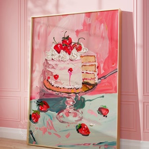 retro cake wall art vintage cake kitchen print pretty decor cake painting trendy retro wall art strawberry cake painting instant download