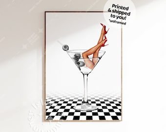 Retro Funky Martini Cocktail Print, Martini Stiletto Cocktail Poster, Bar Cart Wall Art, Retro Cocktail Wall Art