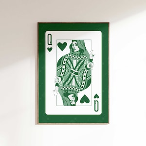 Póster de reina de corazones con champán, decoración de dormitorio verde, arte de pared con impresión de estética retro.