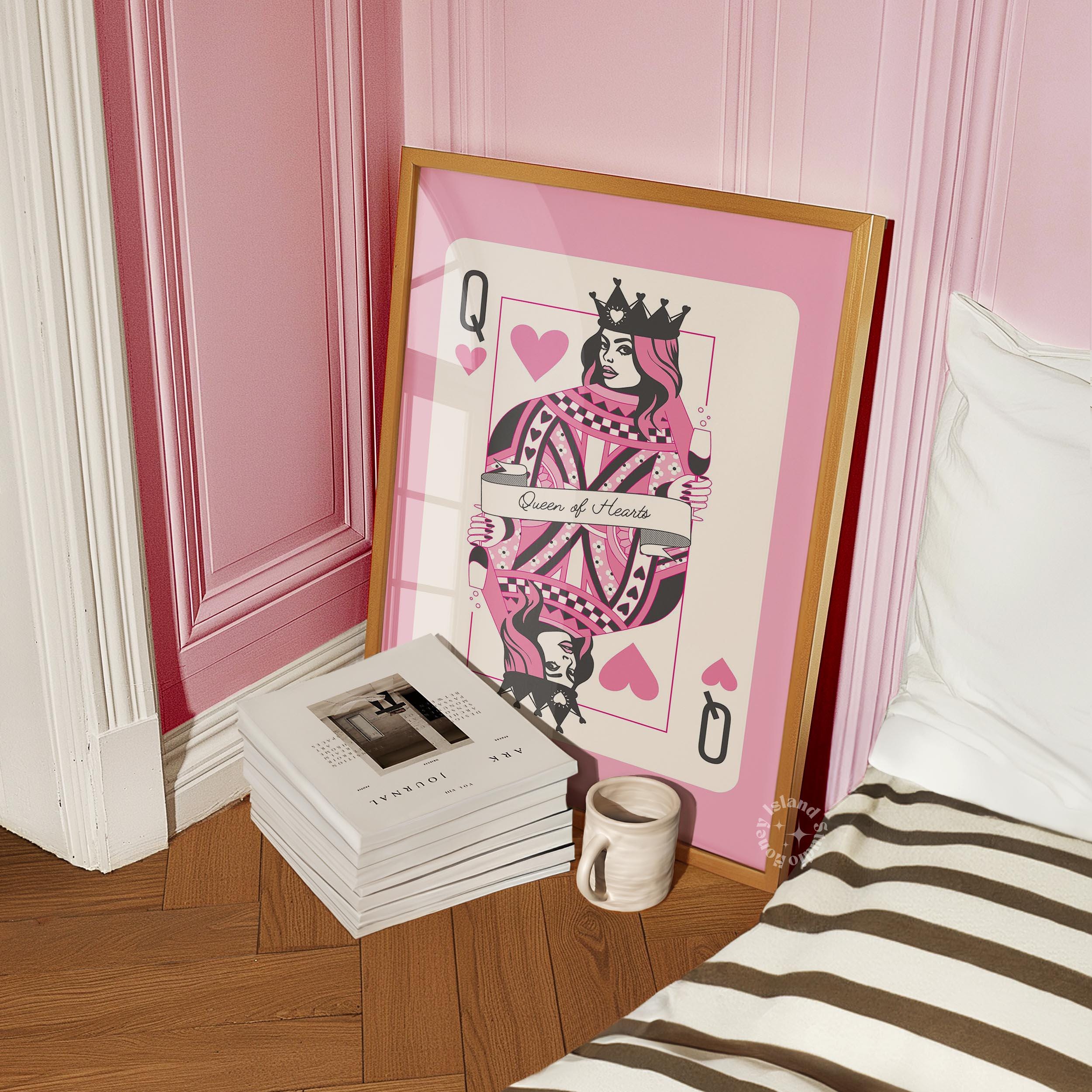 Pink Queen of Hearts Card Print: Trendy Bar Cart Decor (UNFRAMED