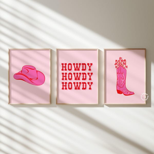 Pink Cowgirl Art Prints, Western Decor Set (Digital Download)