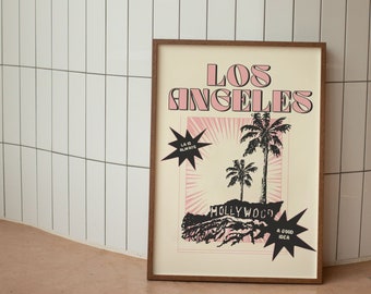 Retro Los Angeles Travel Poster, Pink Girly LA Print (Digital Download)
