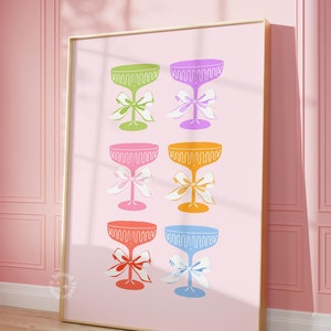 Cocktail bow wall art, Bar cart decor, Pastel cocktail glasses print, Retro drinking glasses, coastal cowgirl, grandma kitchen art UNFRAMED