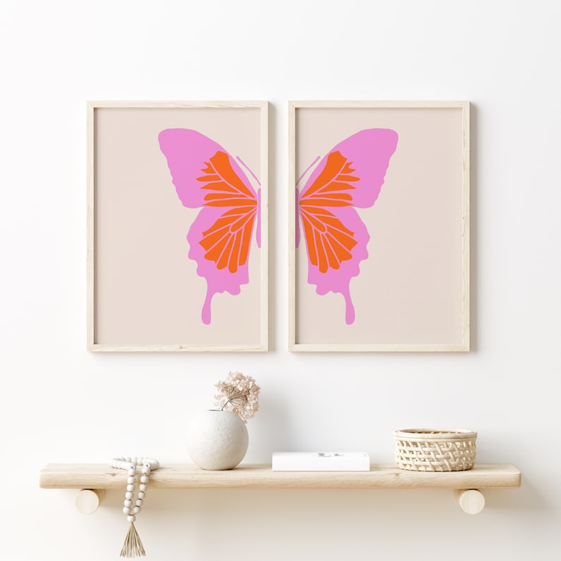 Butterfly Wall Art Print Set of 2 Pink Preppy Dorm Decor Etsy