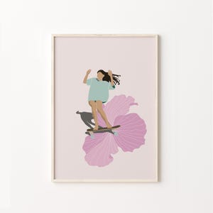 Skate Girl Print, Beach Wall Art,  Surf Skate Printable Art, Cruisin Wall decor, Cute Boho illustration, Beach Prints