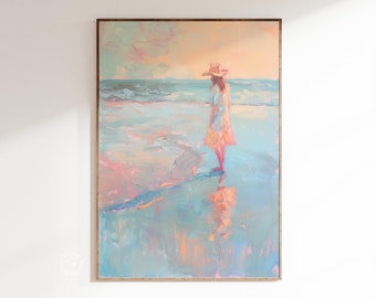 Coastal Cowgirl Print, Retro Pink Pastel Beach Painting (UNFRAMED)