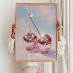 Cherry Disco Balls Surreal Art Print, Cherry Disco Print, Disco Balls, Disco Ball Cherries, Disco Cherry, Pink Cherry Wall Art, UNFRAMED