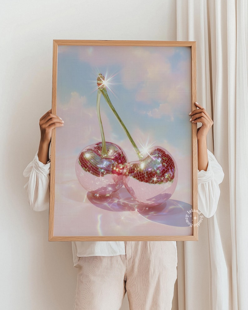 Cherry Disco Balls Surreal Art Print, Cherry Disco Print, Disco Balls, Disco Ball Cherries, Disco Cherry, Pink Cherry Wall Art, UNFRAMED