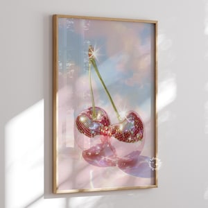 Cherry Disco Balls Surreal Art Print, Cherry Disco Print, Disco Balls, Disco Ball Cherries, Disco Cherry, Pink Cherry Wall Art, UNFRAMED