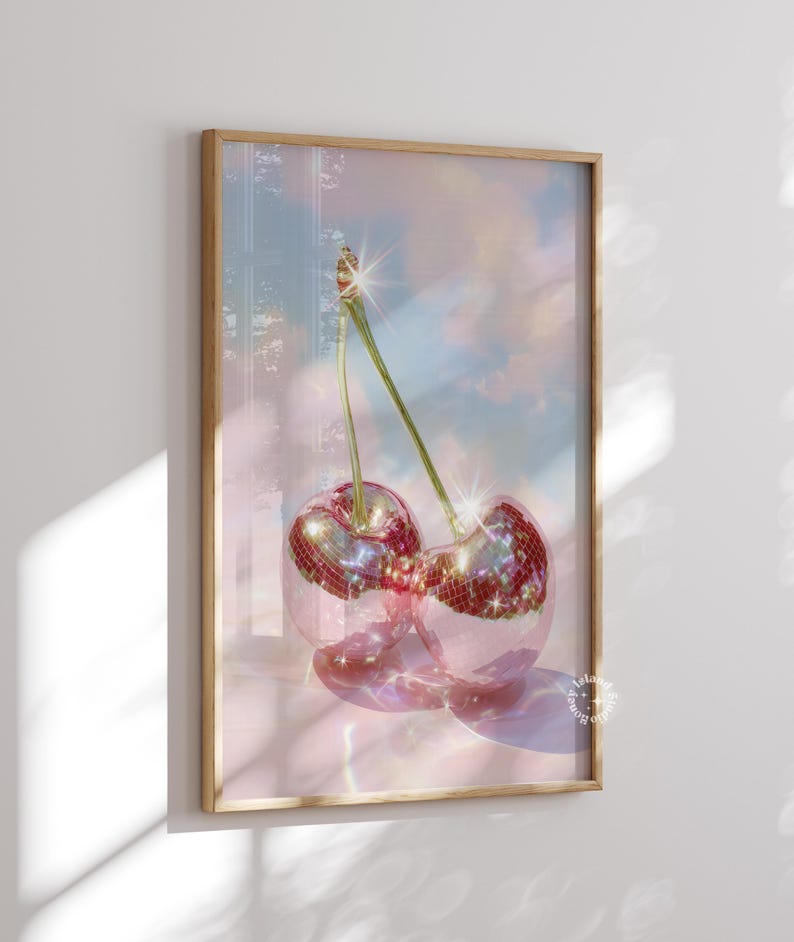 Cherry Disco Balls Surreal Art Print, Cherry Disco Print, Disco Balls, Disco Ball Cherries, Disco Cherry, Pink Cherry Wall Art, UNFRAMED