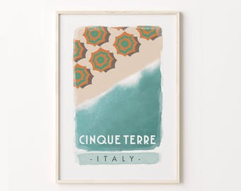 Impresión de Cinque Terre, Italia, arte con sombrillas de playa (descarga digital)