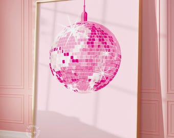 Pink Disco Ball Art Print, Preppy Wall Decor (UNFRAMED)