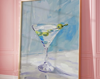 Blue Martini Painting: Preppy Bar Cart Decor (UNFRAMED)
