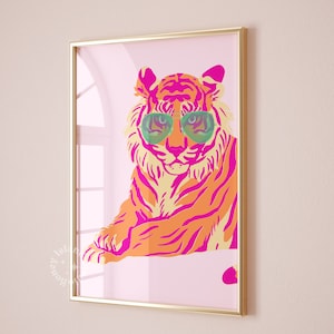 Tiger Print, Retro Tiger Pink Preppy Maximalist Wall Art,  tiger sunglsses Printable, Preppy aesthetic room decor, Trendy Digital Download