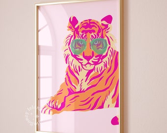 Retro Pink Tiger Print, Sunglasses, Preppy Room Decor (Digital Download)