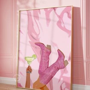 Impression de bottes de cow-girl roses Margarita, décoration de dortoir preppy tendance, art mural Margarita, décoration de chariot de bar, bottes western, esthétique champêtre, SANS CADRE