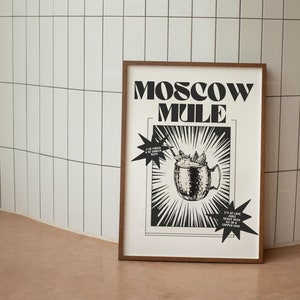 Moscow Mule Black White Print, Retro Moscow Mule Poster,  Trendy Bar Cart Wall Art, Alcohol Digital print, Dorm room decor,