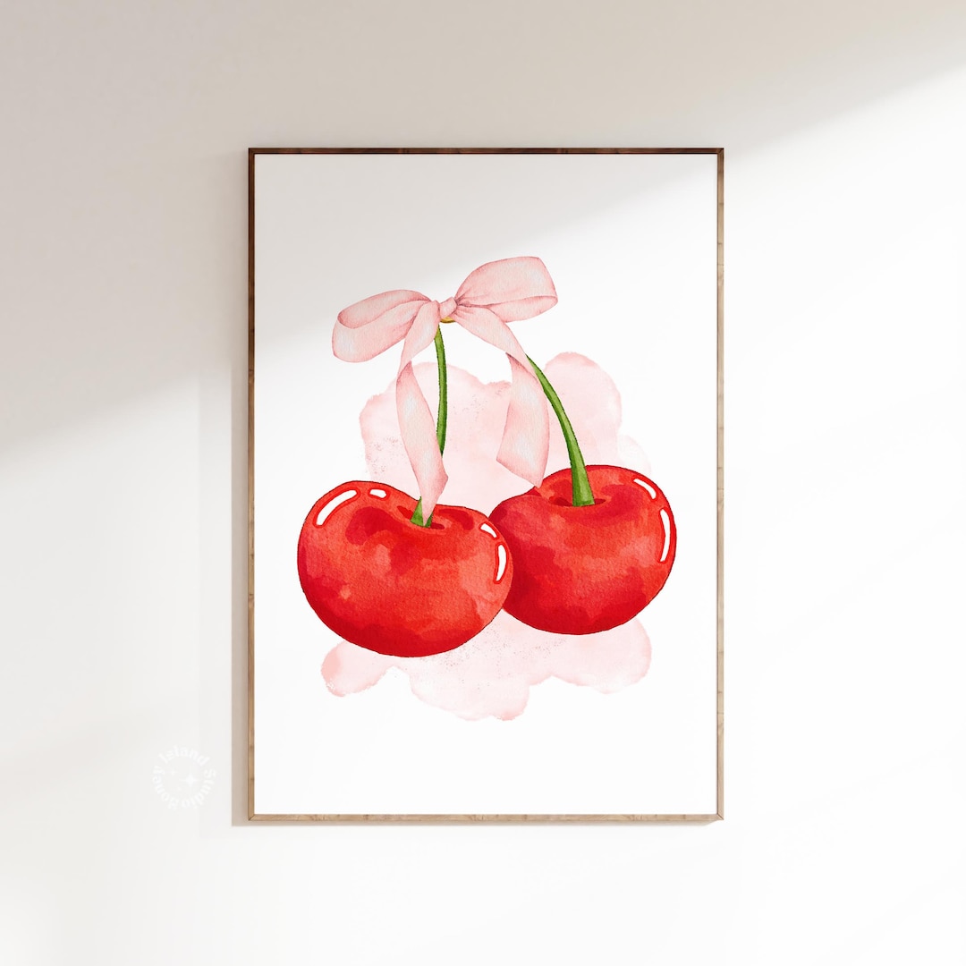 Watercolor Cherry Print: Coquette Bow Poster, Red & Pink Wall Art - Etsy