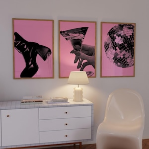 Disco Ball Prints, SET of 3, Pink Martini Cocktail, Disco Kicks, Pink Funky Prints, Groovy Posters, Dorm Room Decor, DIGITAL DOWNLOAD