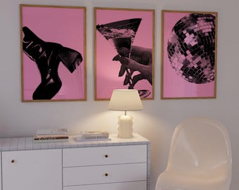 Pink Disco Ball Print Set, Martini Cocktail Poster, Groovy Dorm Decor (Digital Download)