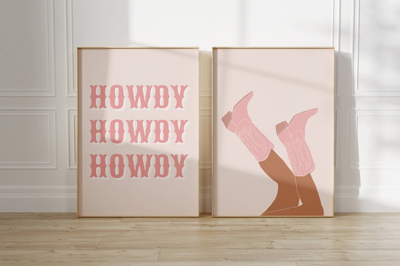 Pink Rodeo Howdy Poster Print, Set of 2, Preppy Western Wall Art, Cowgirl Poster, Pink Cowboy Boots, Printable Poster, Preppy Decor,