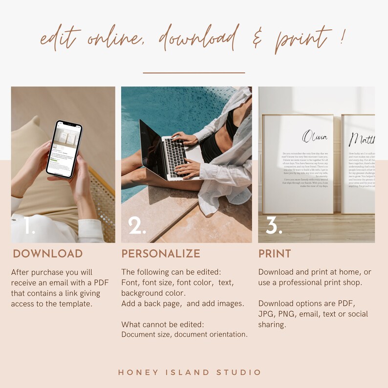 Puede incluir: Una ilustraci&oacute;n digital que muestra tres pasos para crear una obra de arte de pared imprimible. Los pasos son descargar, personalizar e imprimir. La imagen muestra a una persona usando un tel&eacute;fono para descargar una plantilla, una persona usando una computadora port&aacute;til para personalizar la plantilla y dos impresiones enmarcadas con el texto "Livin" y "Mattl".