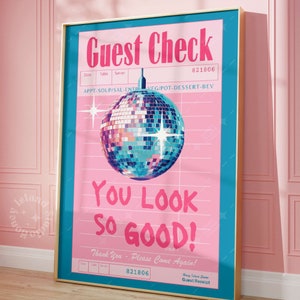 Affiche Guest Check Disco, art mural rétro tendance, décoration murale disco, rose bleu, décoration de dortoir preppy, impressions girly