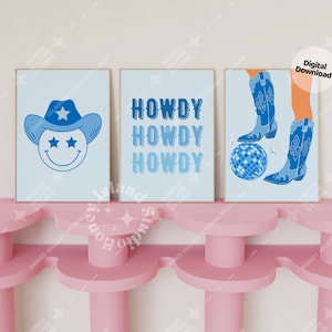 Howdy Set of 3 Blue Western prints, Printable Wall Art, Cowgirl Boots, Blue Preppy Wall decor, Trendy Wall Art, College Decor, Dorm Decor