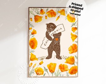 I Love California Bear Hug Print, Retro California Poppy, California Bear Illustration, California Poppies Printed poster