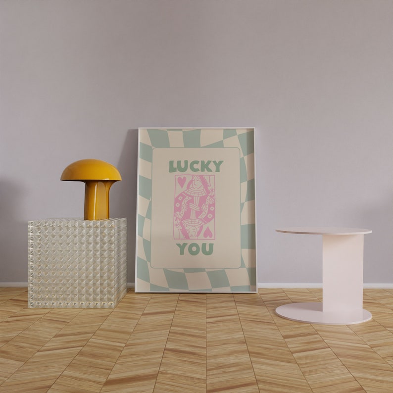 Green Retro Lucky You Print, Pink Trendy Lucky You Prints, Lucky You Bar Cart, Y2k Art Print, Preppy Dorm Room Decor, Retro Aesthetic,